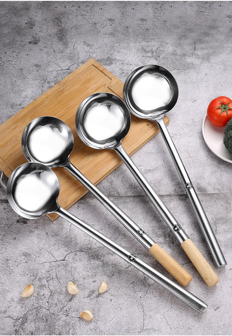 不锈钢加厚长柄炒勺木柄大勺子炒菜厨师锅铲汤勺酒店食堂饭店 钢柄1.