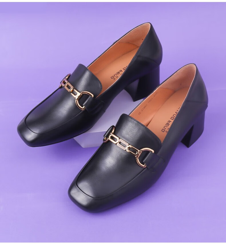 双凤2021秋款时尚方头浅口玛丽珍粗跟亮片法式牛皮单鞋女62a1207米