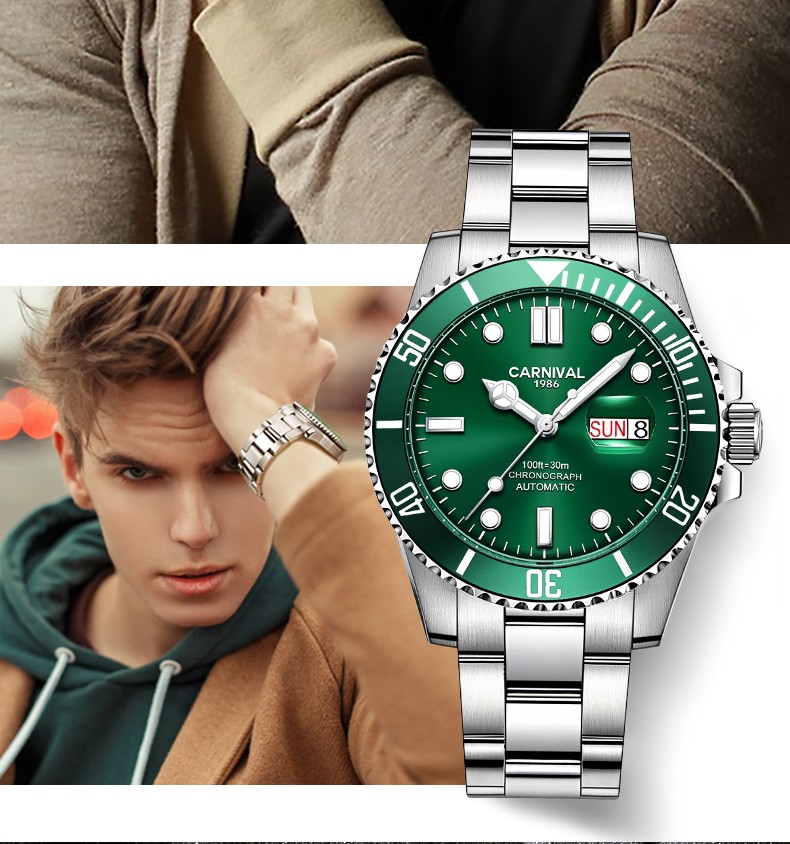 【明星同款】嘉年华(carnival)绿水鬼潜水手表男士全自动机械表精钢