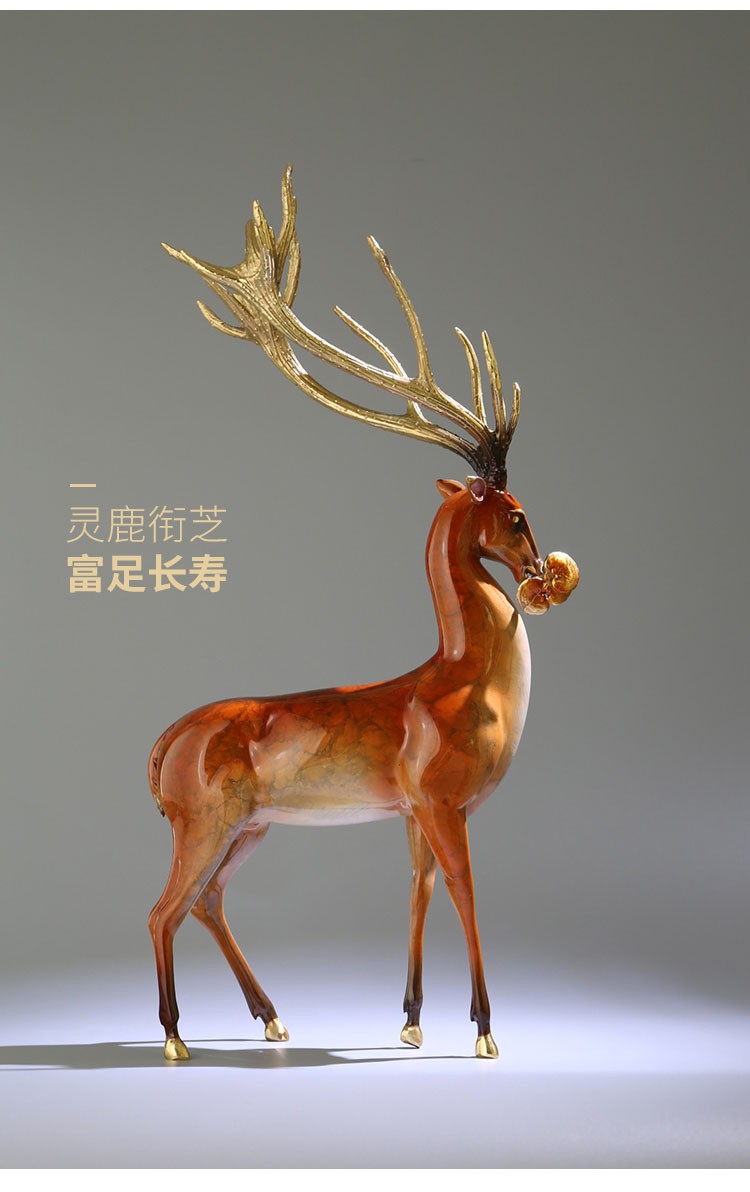 卓正彩绘纯铜鹿一对轻奢现代客厅玄关摆件工艺品结婚乔迁新居礼品送