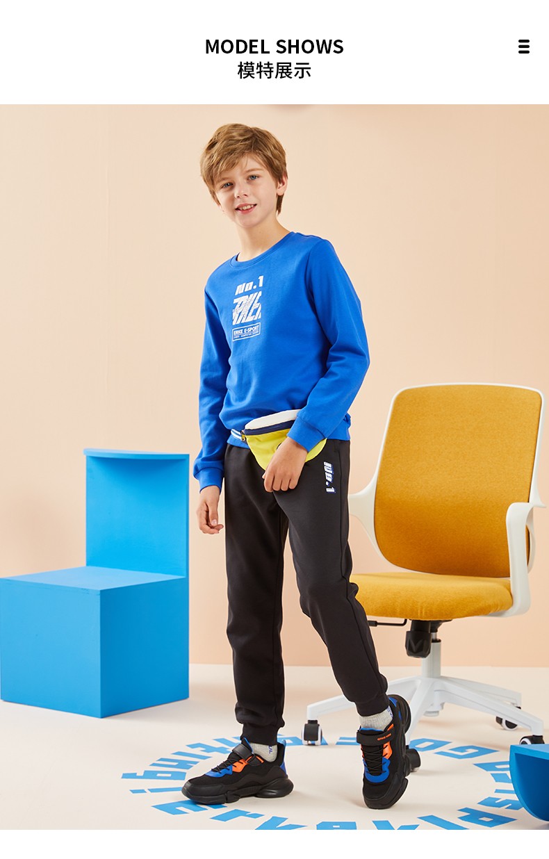 613岁鸿星尔克童装男童套装儿童秋装中大童针织长裤卫衣运动服装正黑