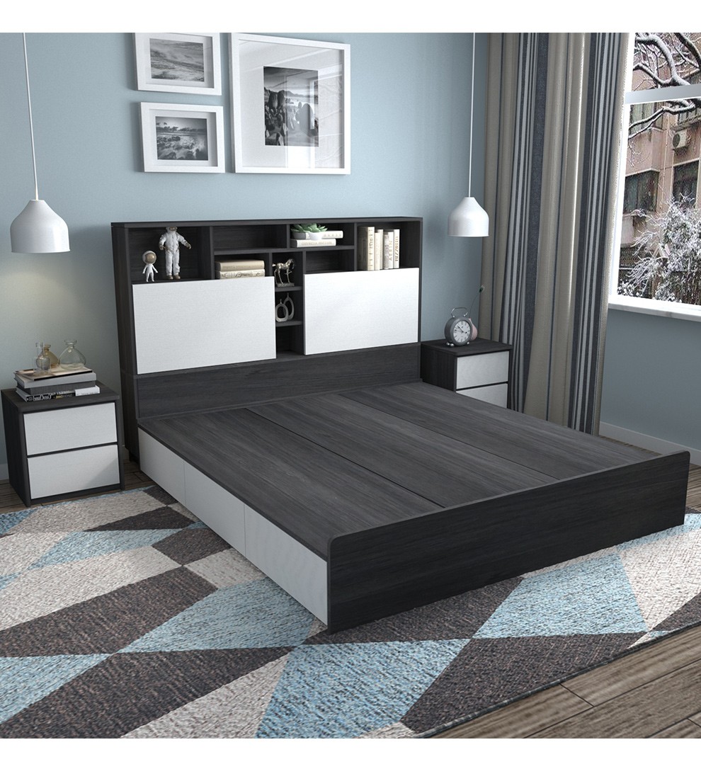 平子集高床头储物床高箱抽屉单双人大床卧室婚床家具可改尺寸木纹灰色