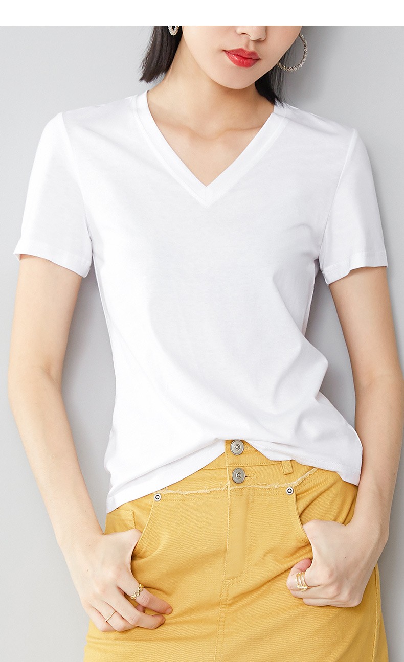 晚白夏季新款休闲百搭简约纯色v领短袖通勤常规全棉t恤女白色m