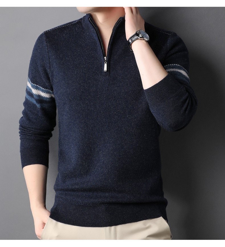 Hengyuanxiang Men's Thickened Winter Zip-Up Turtleneck Sweater, 100% Wool Knit Pullover, Middle-Aged And Young Men's Clothing 9