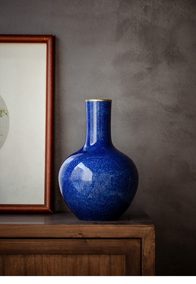 明班手工陶瓷洒蓝釉天球瓶新中式轻奢描金高档花瓶景德镇瓷器摆件公室