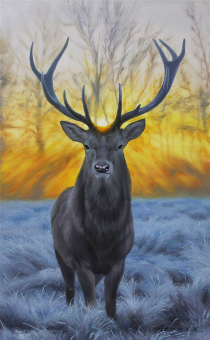 朝鲜一级画家 金英哲 《鹿》g1051 动物油画