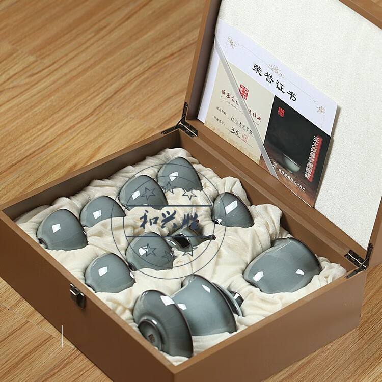 和兴胜龙泉窑青瓷功夫茶具套装名家王文铁骨哥窑冰裂纹铁胎整套三才