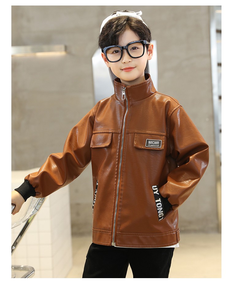 mawcha童装儿童皮衣儿童pu皮衣外套2022新款春秋装洋气短款皮夹克中童