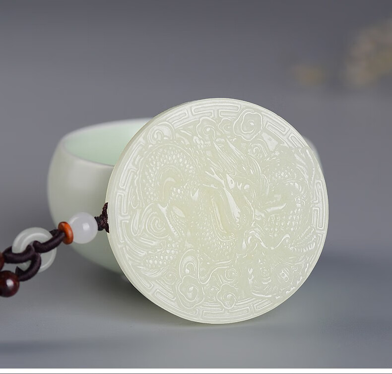 汉峰 和田玉龙凤玉佩情侣款一对玉牌吊坠男士圆形玉石玉坠挂件 凤佩