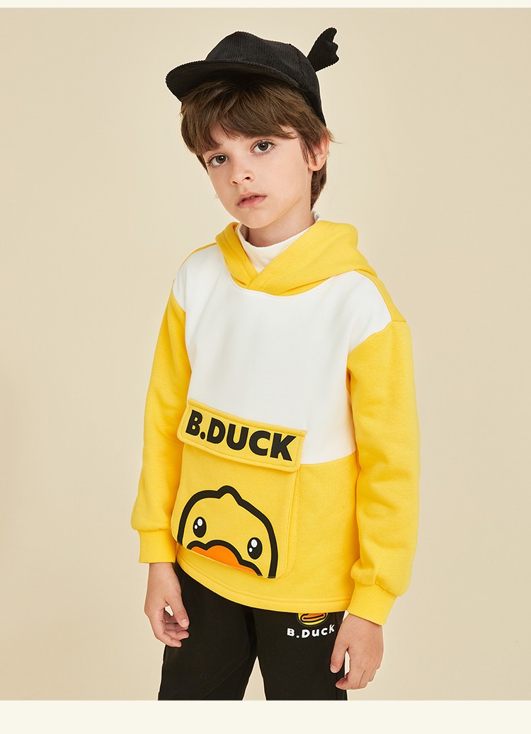 bduck小黄鸭童装男童连帽卫衣春季新款洋气小女孩口袋上衣潮钻石黑140