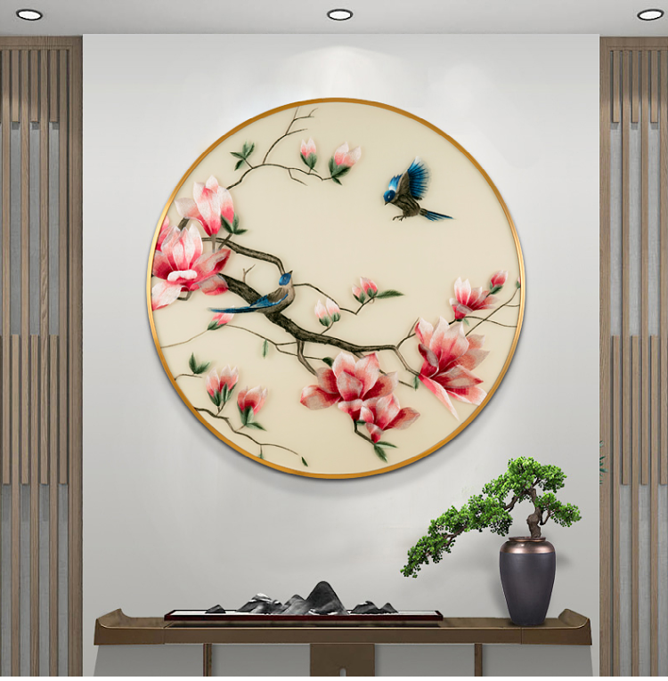 刺绣画精品成品挂画圆形实木玄关玉兰花苏走廊过道壁画客厅苏绣挂画
