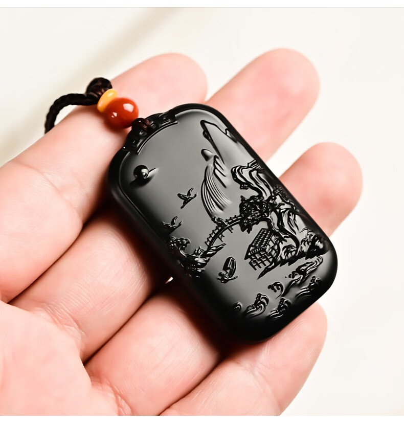 景曦 和田玉墨玉山水牌吊坠男女款锦绣河山牌子玉坠玉石挂件玉佩 35*