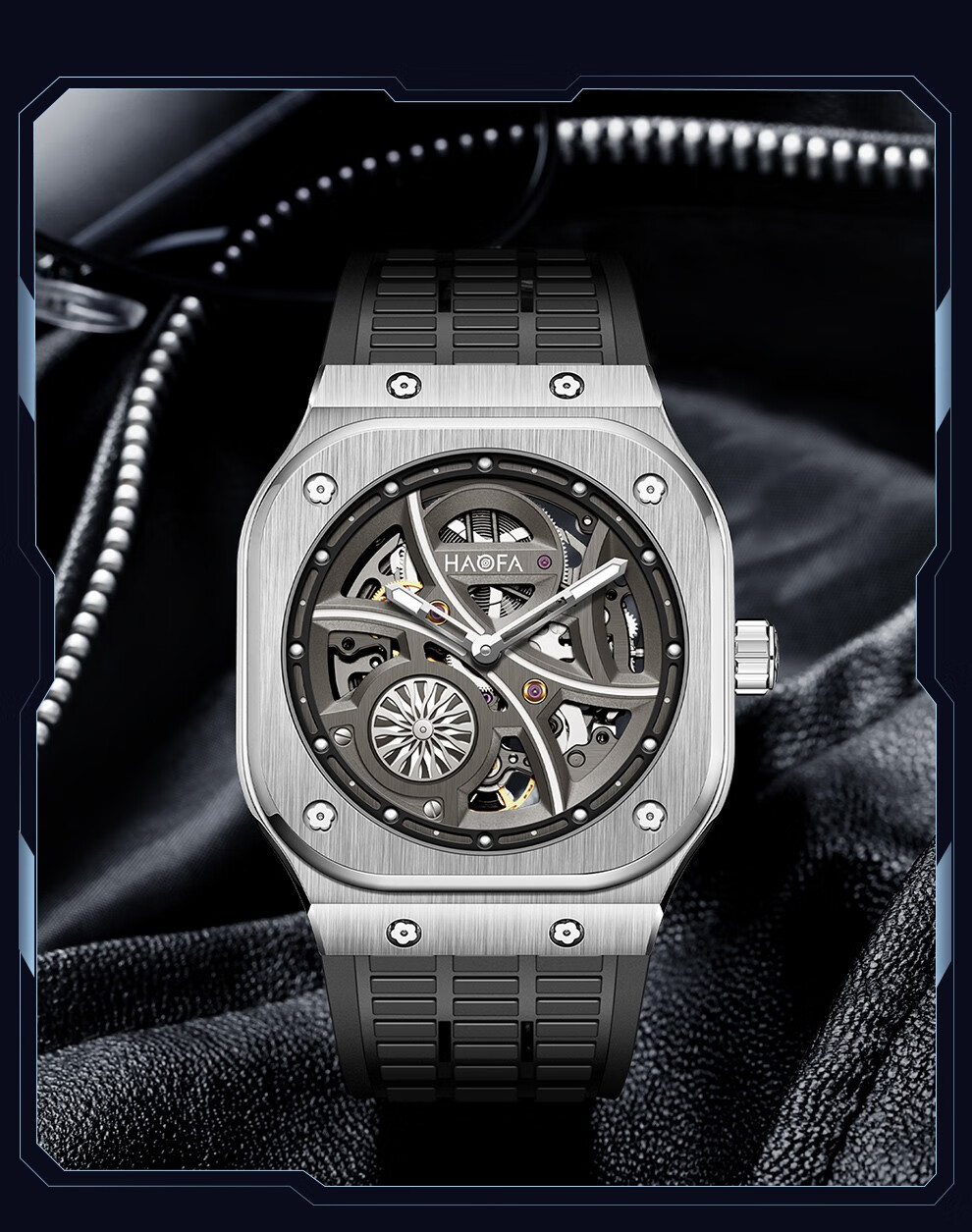 豪法(haofa)男士手表 时尚镂空全自动机械表 夜光防水潮流腕表 银壳