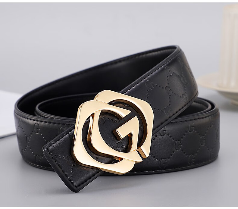 ggetdg 皮带男士平滑扣真牛皮休闲时尚年轻人韩版裤腰带双g字母潮流