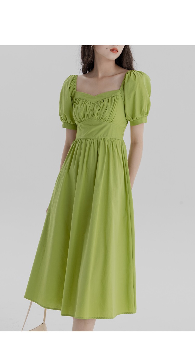 eggka绿色方领泡泡袖连衣裙女夏季设计感温柔气质镂空收腰a字裙绿色s