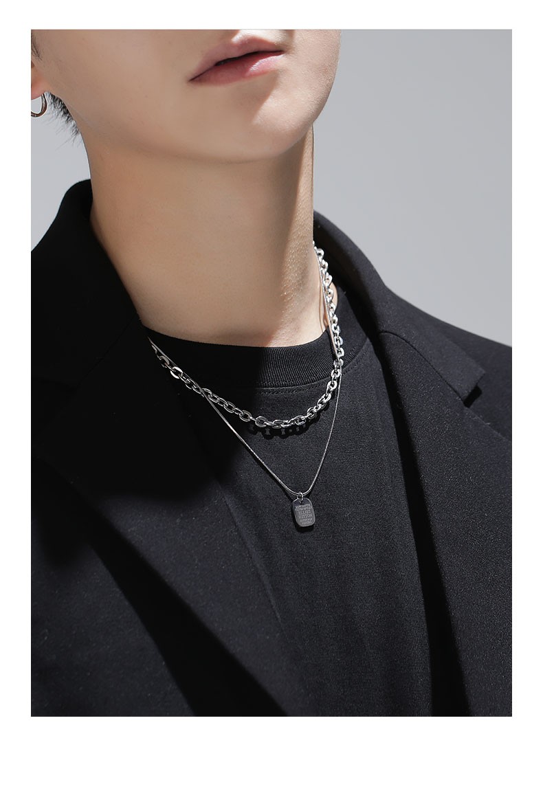 时尚单品ahk双层叠戴方牌项链男士潮流时尚单品男生嘻哈钛钢链子男