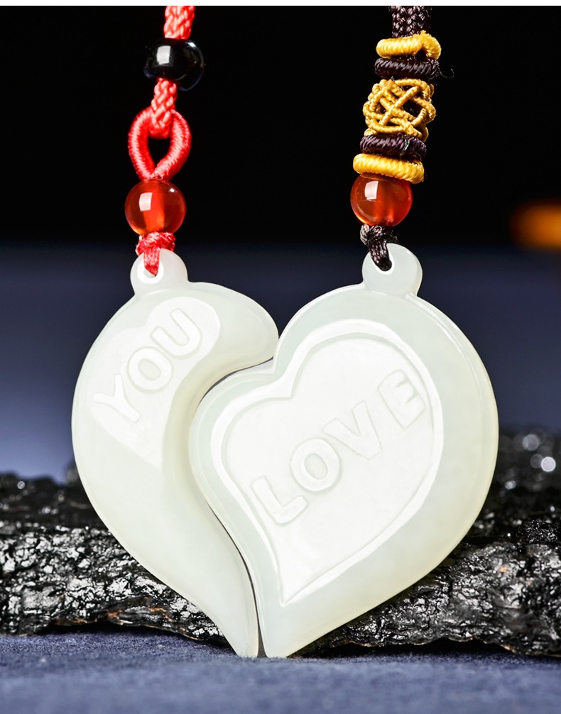 渊之玉 和田玉心心相印玉吊坠男女情侣款玉佩一对玉项链挂件定情信物