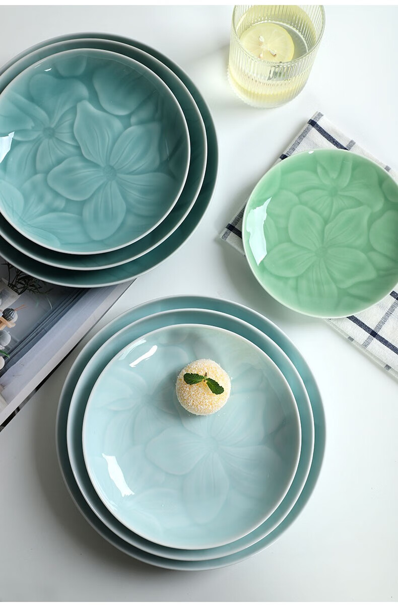 龙泉青瓷花卉纹米饭碗陶瓷盘子中式家用菜盘深盘百合汤盘圆形盘子餐具