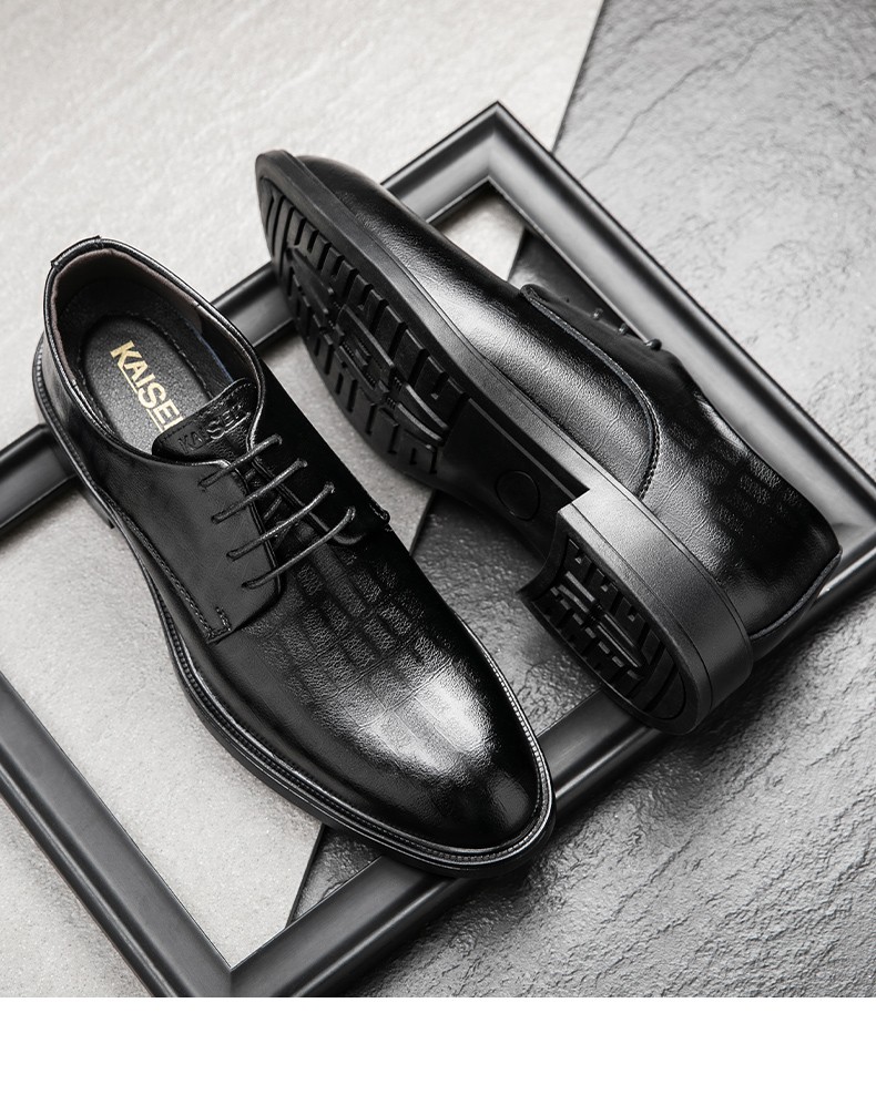 kaiser凯撒英伦商务正装皮鞋男头层牛皮套脚爸爸大头休闲鞋真皮黑色38