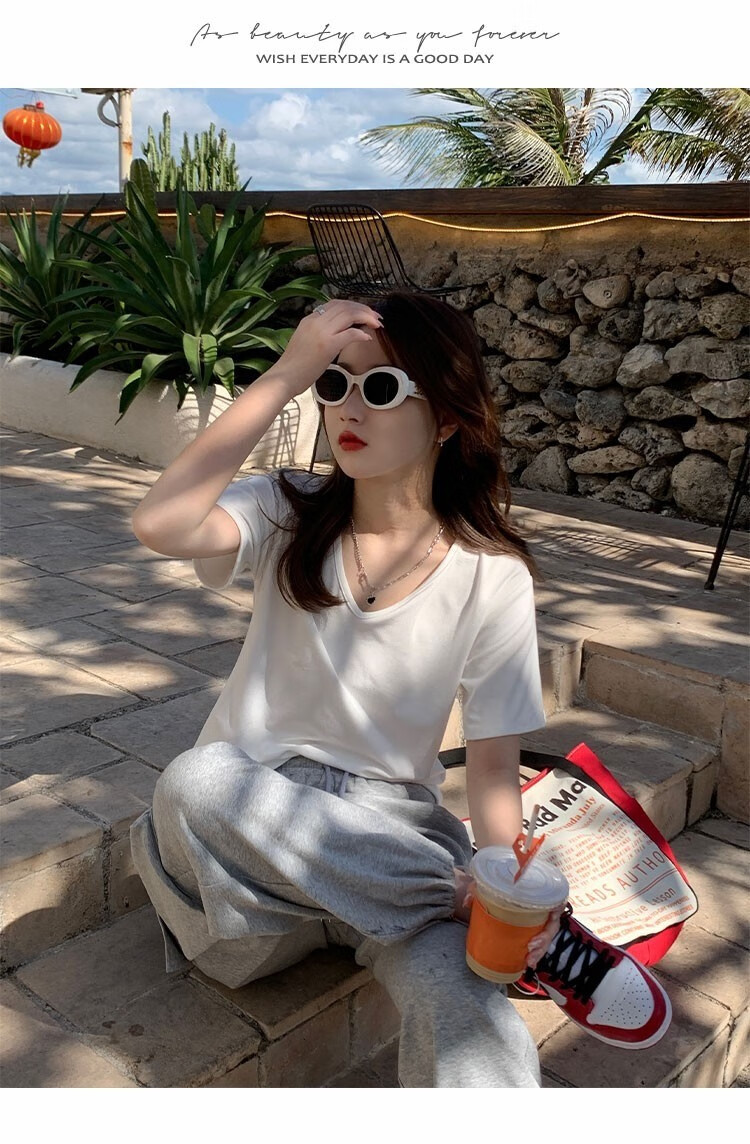 静鹿2件装凉感莫代尔t恤女夏装短袖2023年新款宽松纯色上衣薄款黑白xl