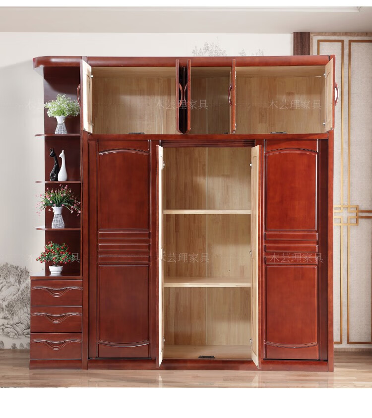 陈飞家具实木红棕色衣柜中式家用成人衣柜新款经济型四门储物收纳一体