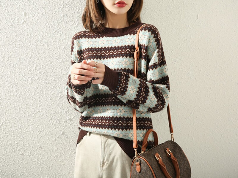 艾莱嘉斐秋冬新款宽松复古圆领纯羊毛衫慵懒休闲港风提花羊毛针织外穿