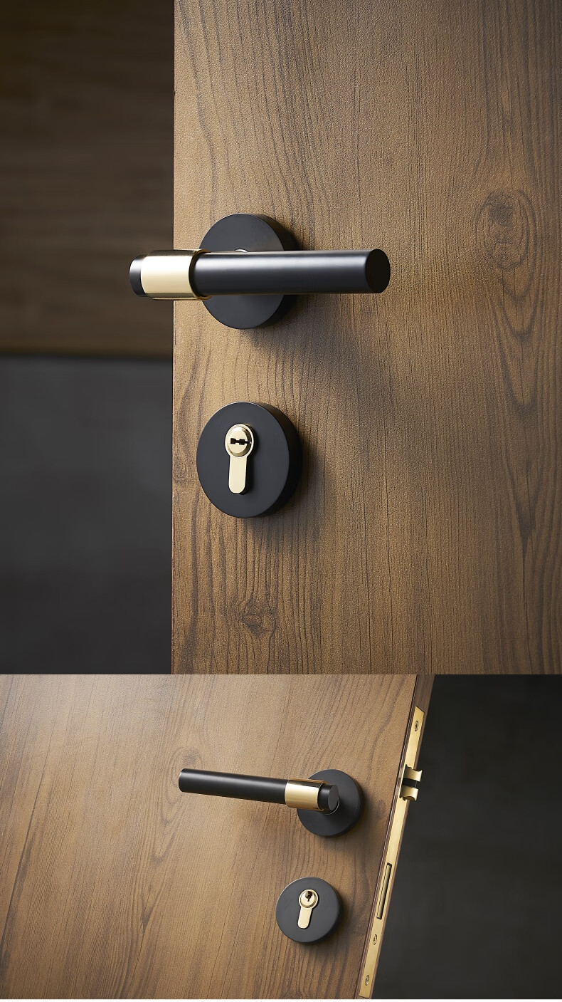 道鲁新款磁吸静音全铜现代时尚黑金色室内房门卫生间实木门锁铜 全黑
