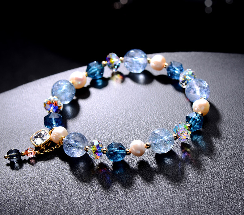 奈维斯汀品牌蓝水晶手链女珍珠手串闺蜜首饰韩版简约个性生日礼物潮