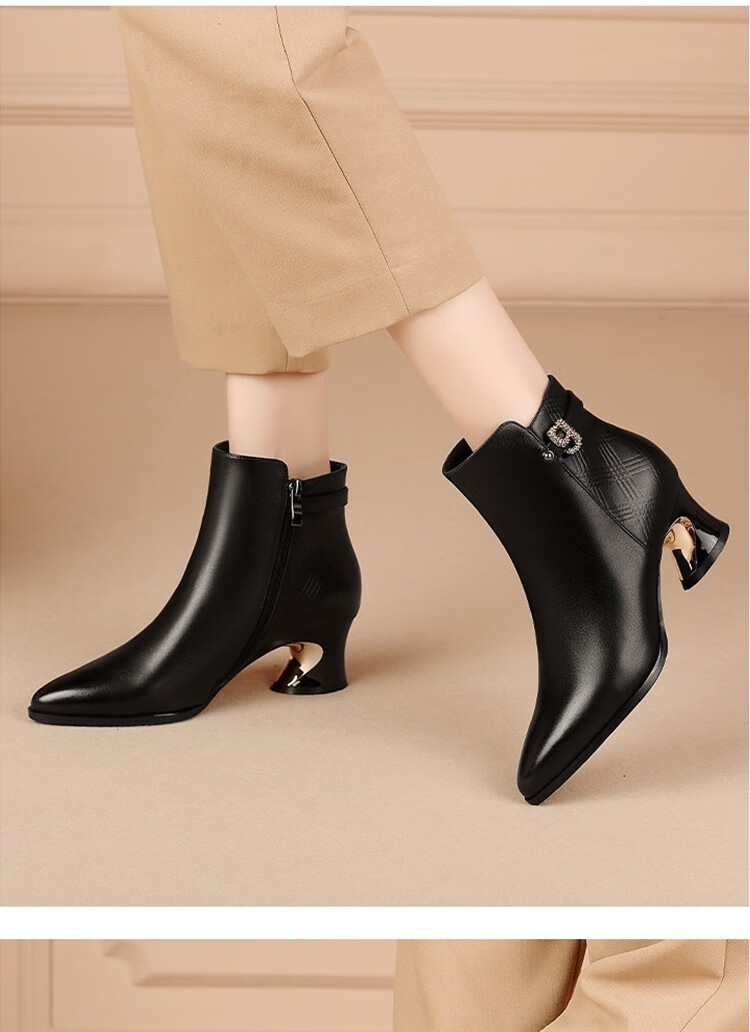 美盛美牛皮粗跟中跟短靴女尖头侧拉链女士皮靴秋季单靴冬季新款绒里女