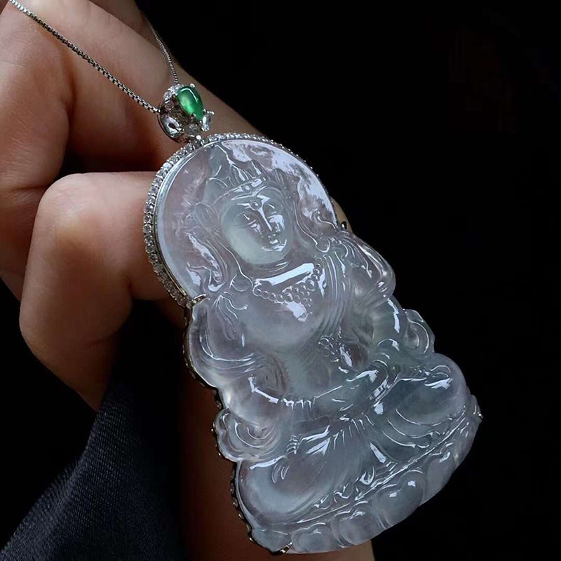 月亮阿姨翡翠高冰种大度母吊坠18k镶嵌缅甸a货翡翠男款送老公送爸爸送