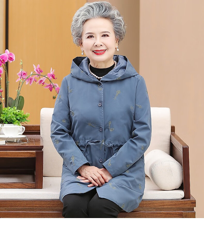 老年人女奶奶秋装风衣外套妈妈春秋中长款上衣连帽老人太太衣服蓝色l