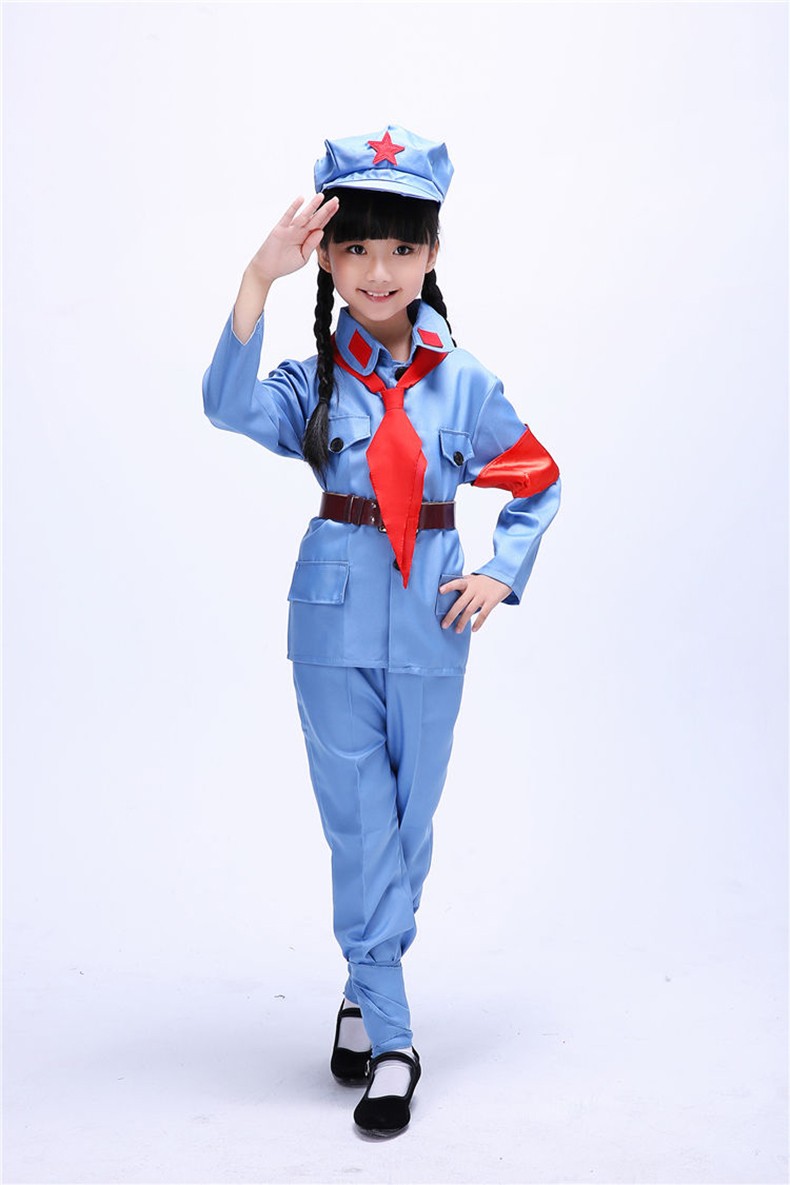 六一儿童小红军表演服八路军闪闪红星演出服幼儿话剧舞蹈服 灰蓝弹力
