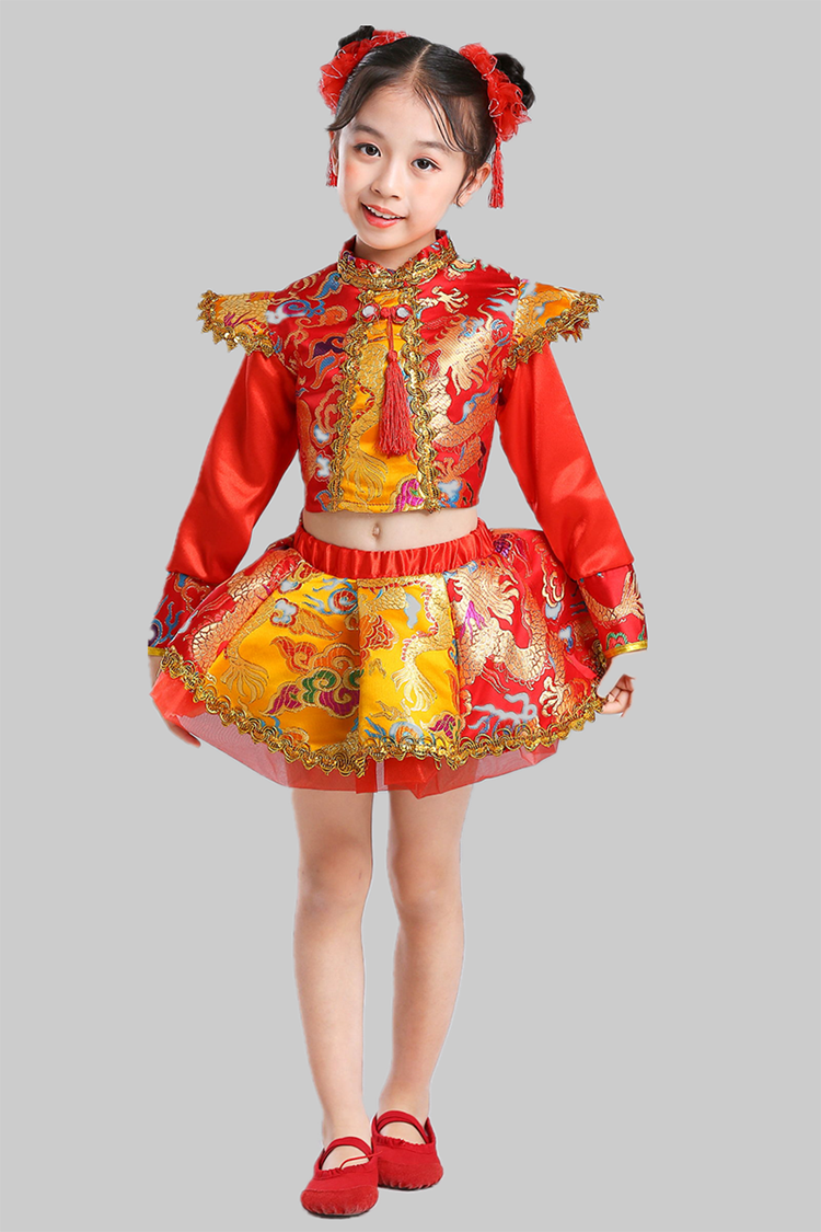 儿童开门红喜庆演出服男女童中国风打鼓服幼儿说唱中国红舞蹈服装纱裙