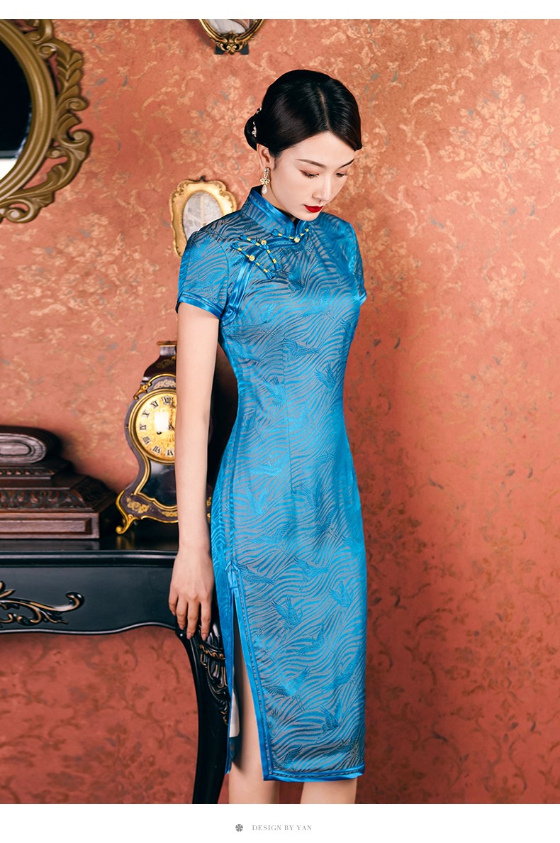瑟俐品牌高端重磅真丝旗袍2022年桑蚕丝夏小个子改良版蓝色连衣裙中长