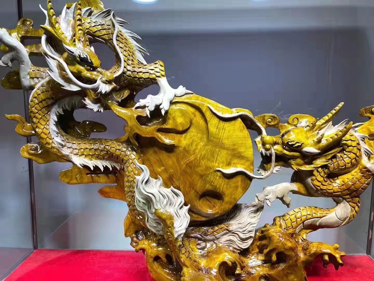 玺山 金丝楠雕刻龙摆件 双龙掌控乾坤手工立体精雕祥龙客厅玄关大堂