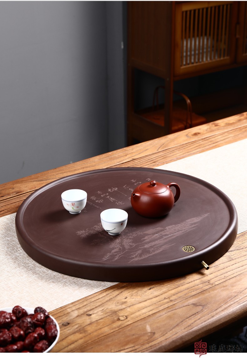 宜兴紫砂茶盘圆形山水图茶海泡茶托盘简约复古家用功夫茶具小型茶台