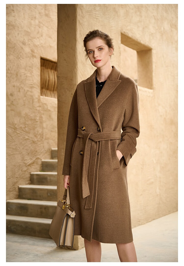 瑟俐品牌高端咖色双面纯骆驼绒大衣女中长款高级感毛呢外套2022秋冬款