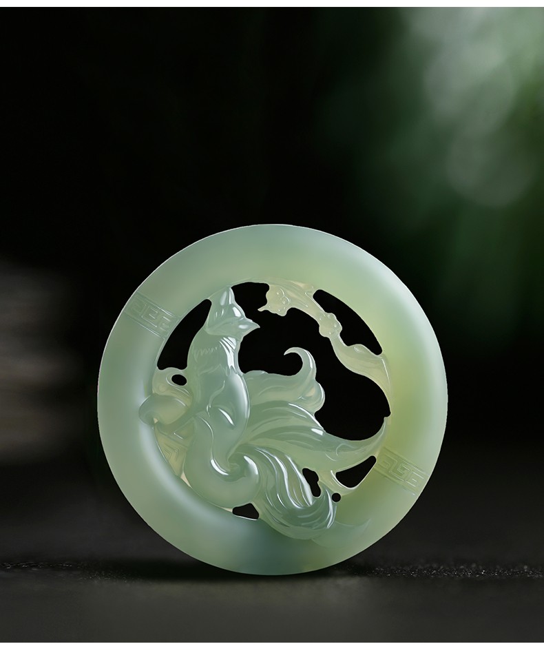 玉等我 和田玉青玉青丘九尾狐吊坠男玉石狐狸玉坠项链女凤九挂件玉佩