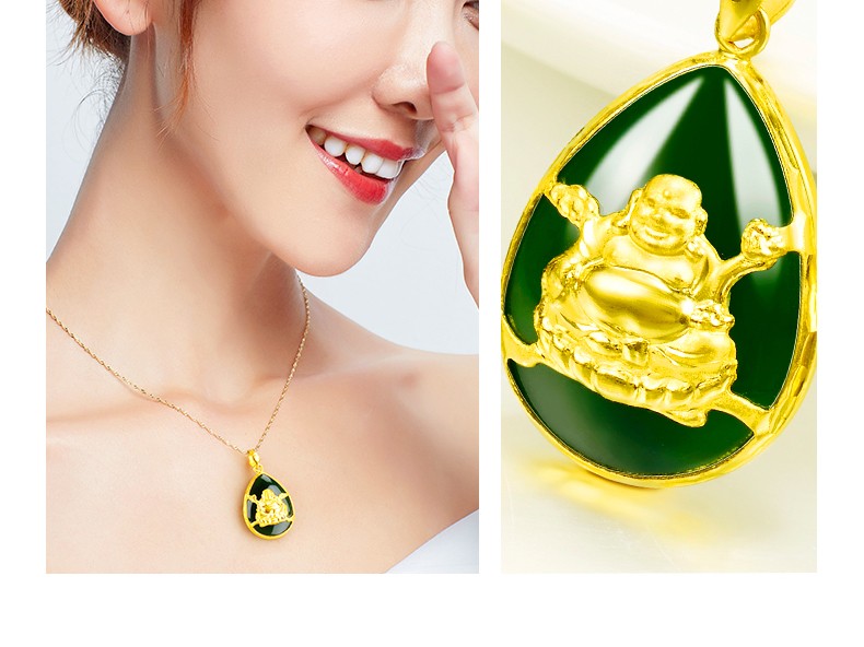 汉峰金镶玉吊坠项链金佛足金佛公黄金和田玉佛项坠挂件男女款b款