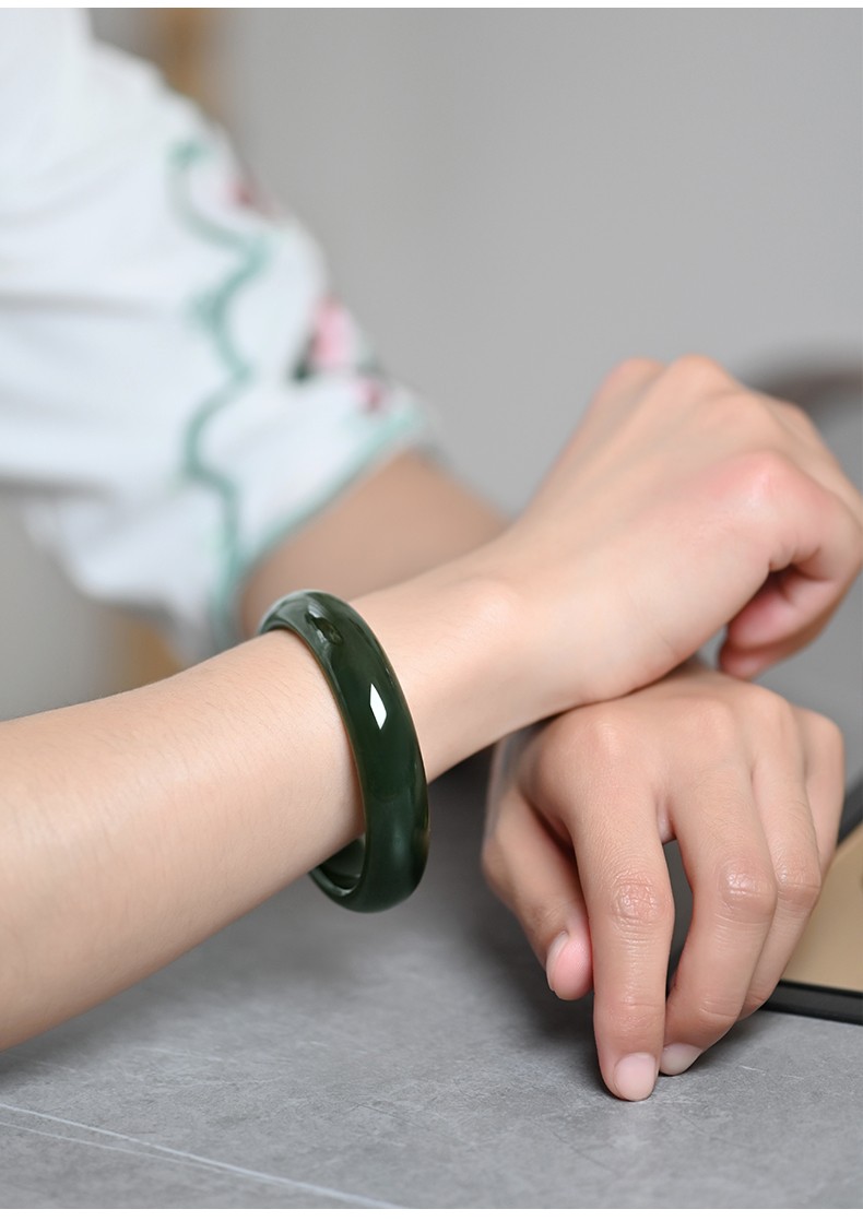 玉华情和田玉手镯女士玉镯子青玉细料玉石宽条圆镯送妈妈送女友圈口