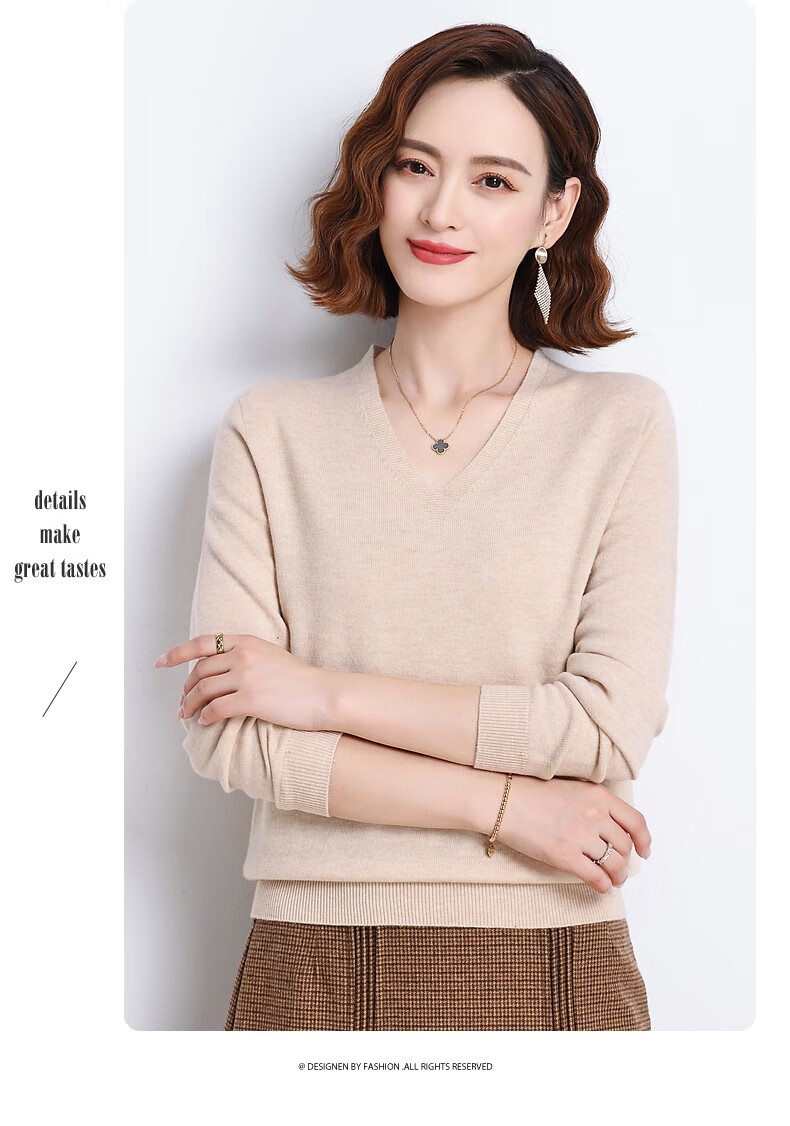 Hengyuanxiang 100% Pure Wool Sweater for Women, V-Neck Loose Base Layer, Autumn And Winter Warm Fashion Knit Sweater, Women's Top 28