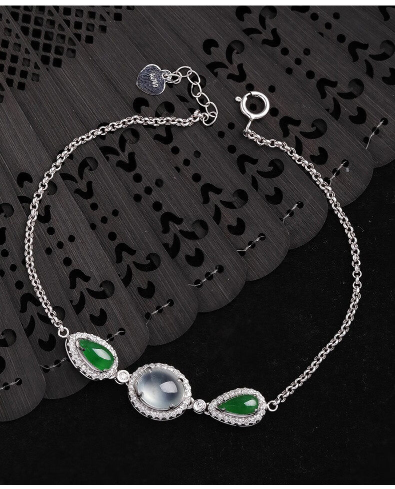 「柔情醉月」翡翠手链女冰种蛋面白18k金镶钻满绿水滴 配证书【图片