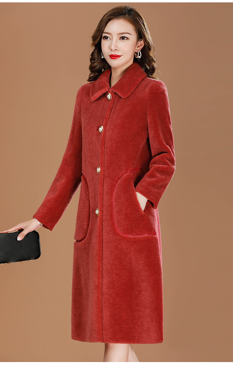 2019新款秋冬海宁复合皮毛一体羊剪绒颗粒绒中长款修身显瘦羊毛大衣女