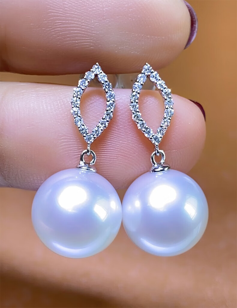 日常简约款菱形耳钉中长灵动款澳白珍珠耳钉正圆无暇极强光冷白1112mm