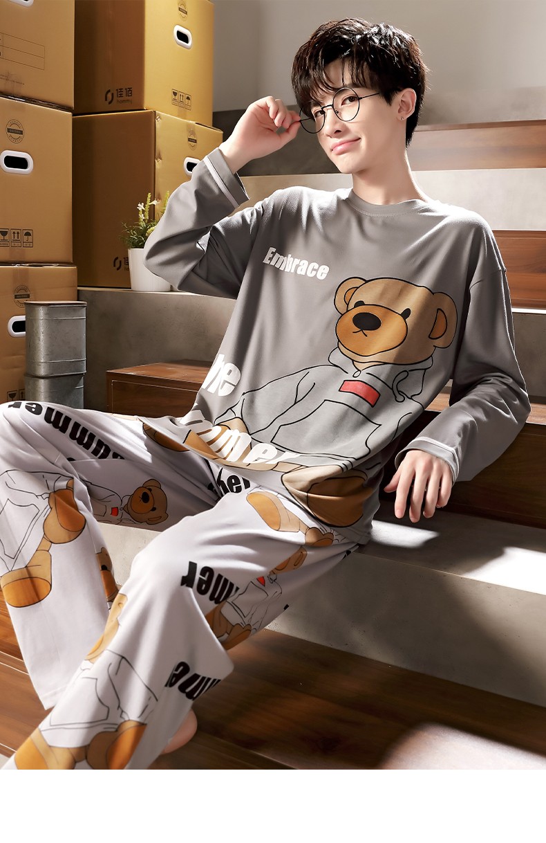 少年情话睡衣男纯棉长袖春秋季卡通青少年学生套装男士夏季薄款加肥