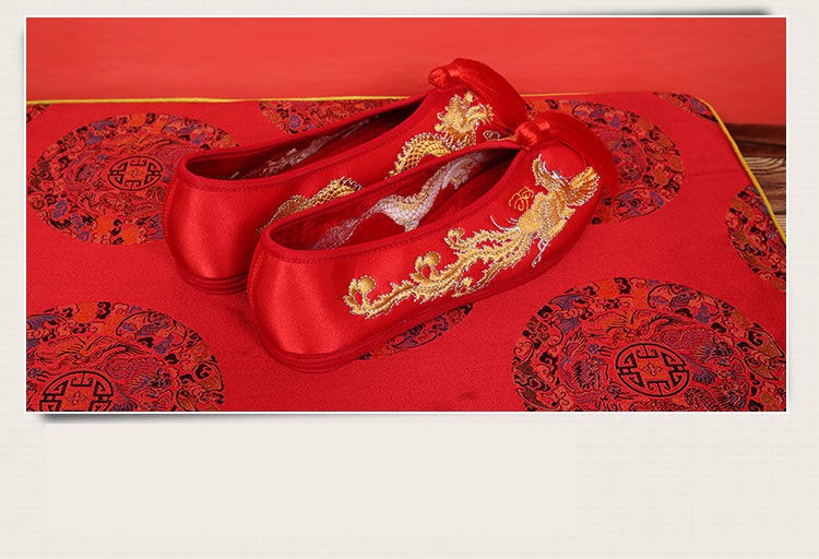 布鞋红色龙凤新娘秀禾鞋平底女结婚鞋子秀禾服绣花鞋 龙凤双喜-牛筋底
