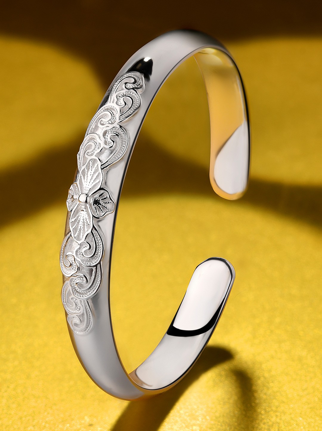 百年宝诚 【新品】花丝纯银手镯款时尚气质简约开口足银镯子送老婆 叶