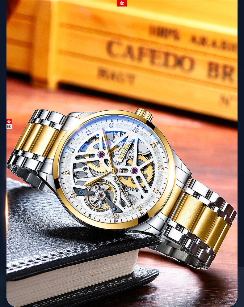 威斯凯(weisikai)新款双链双发条男士自动机械手表防水商务飞轮镂空光