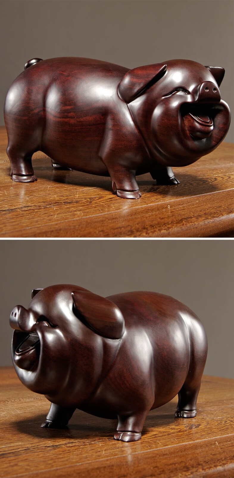 黑檀花梨木整料实木质雕刻一对猪摆件三合十二生肖猪家居客厅装饰工艺