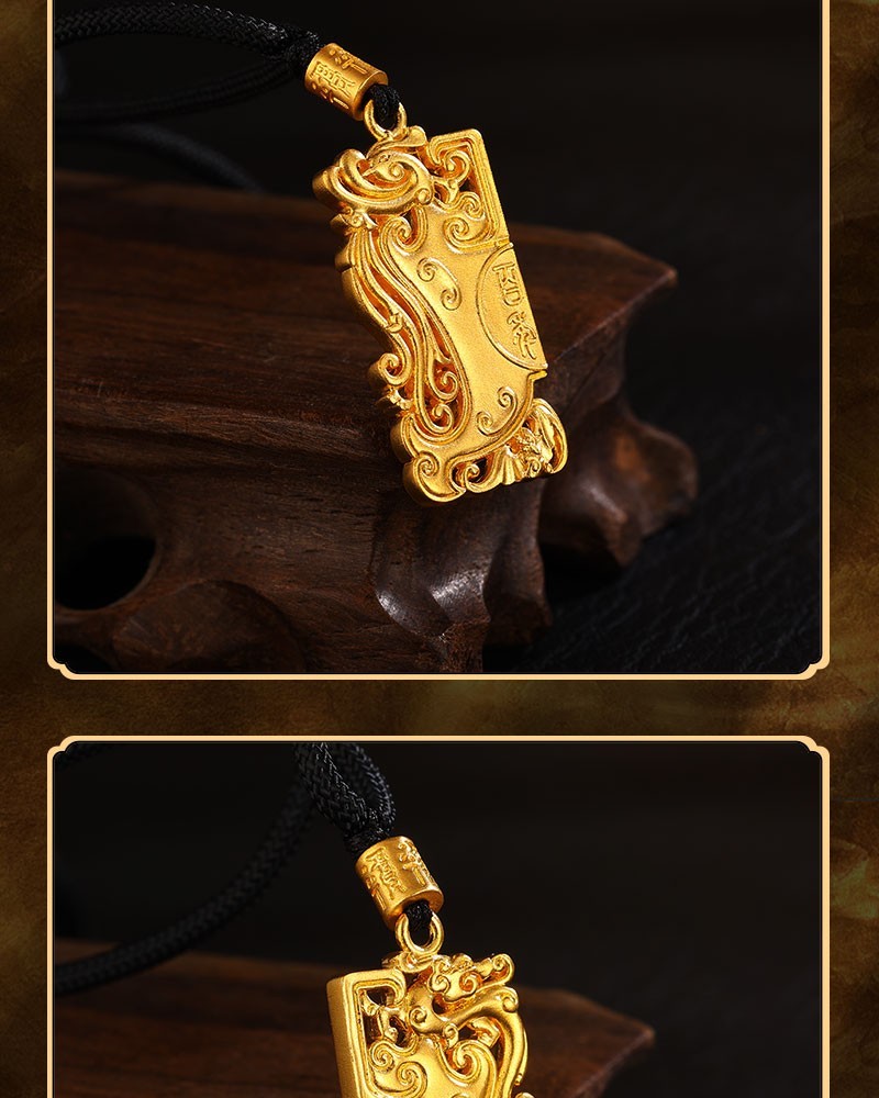 喜兆珠宝古法黄金吊坠足金999古法龙凤佩方牌镂空实心龙凤情侣吊坠